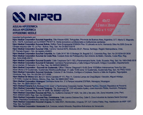 Aguja Hipodermica (nipro)18gx1-1 1/2 (38mm) Caja C/100 Pzas