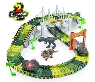Official Dinosaurios Circuito Coches Juguetes Pista Coches Niños con 144 Piezas y LED Coche Simulación Serie de Dinosaurios La Pista Niños para 3 4 5+ 