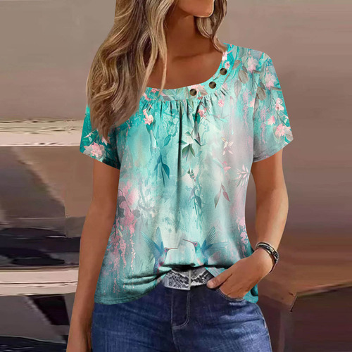 Top Plisado Con Cuello Estampado De Manga Corta Para Mujer