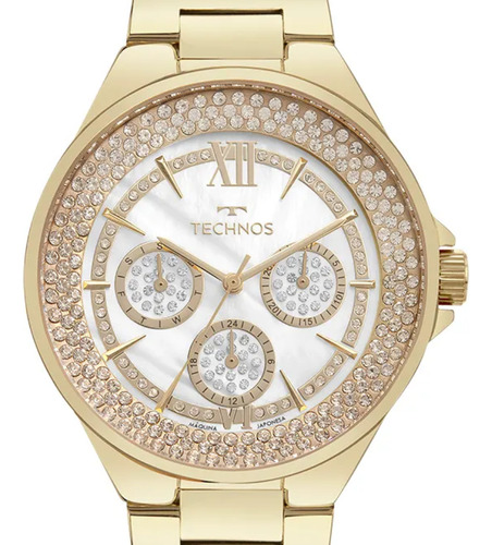 Relogio Technos Feminino Dourado Multifunção Cravejado Stras 6P29ALQ/1D