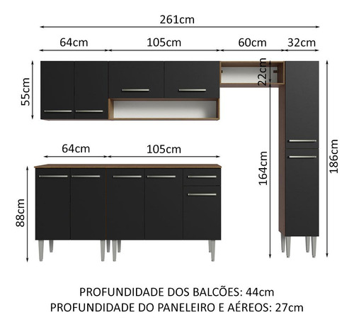 Cocina Integral Completa Modular Madesa Emilly 261cm Mn 09 Color Marrón/Negro