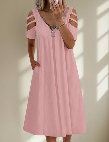 Vestido De Manga Corta Con Cremallera Y Cuello En V De Color
