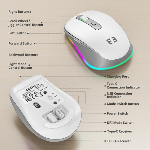 Mouse Inalambrico, Usb-c, Jiggler, Rgb, Blanco