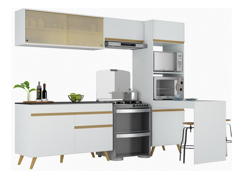 Armário De Cozinha Completa 252cm Veneza Multimóveis V3714 Cor Branco/Dourado