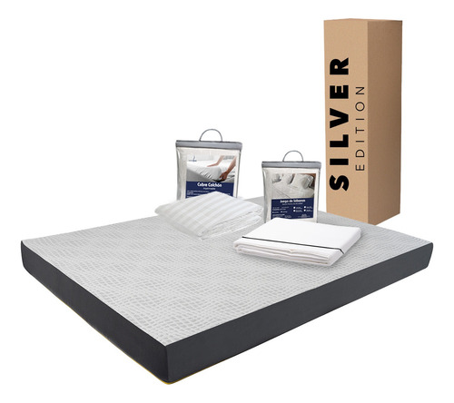 Colchón Matrimonial En Caja 15cm + Sábanas + Protector Blanco Con Gris