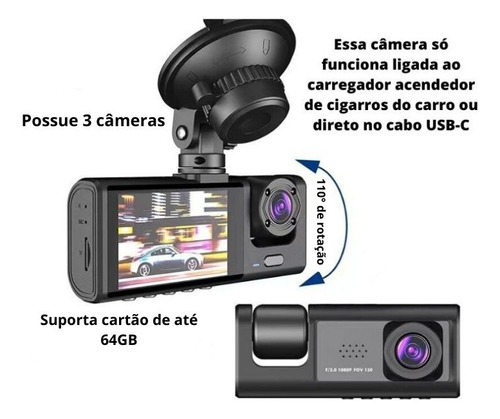 Câmera Veicular Com 3 Lentes(3 Câmeras)  1080 Hd C/ Nf-e