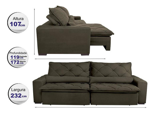 Sofá Lisboa 2,32m Retrátil, Reclinável com Molas no Assento Tecido Suede Velusoft Café - Cama InBox