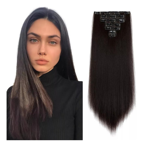 Extensiones De Cabello Con Clip, 7 Piezas, Cabeza Completa, Marrón Oscuro