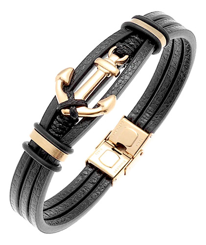 Pulseira Masculina Executiva Couro Âncora Folheado Ouro 18kl