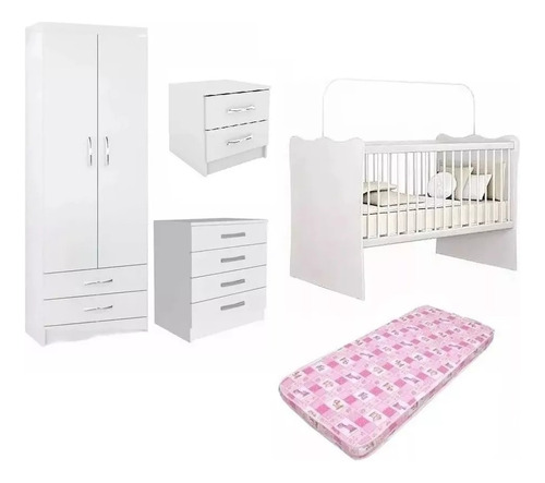 Juego Dormitorio Infantil Blanco Ropero Cuna Cómoda Colchón