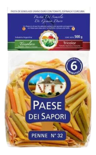 Fideos Penne Rigatte N°32 Tricolor Paese Dei Sapori 500 Gr