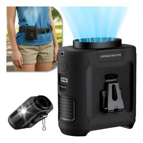 Ventilador Portátil De Cintura 3 Em 1 Power Bank Lanterna Cor Preto