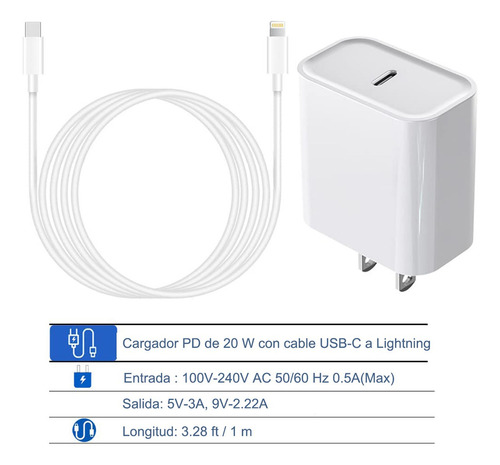 Cargador 20w Carga Rápida Para Lightning Cable 1m