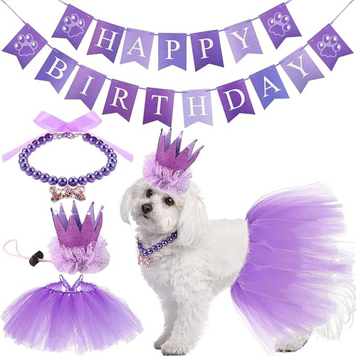 Traje Cumpleaños Perro 4 Piezas Con Falda Tutú Pet Perlas Pa