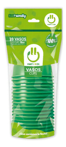 Vaso De Plástico Desechable 12 Oz. Party Is On - 20 Piezas Color Verde bandera