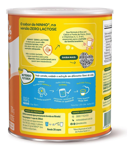 Composto Lácteo Ninho Zero Lactose Forti+ Lata 700g Nestlé