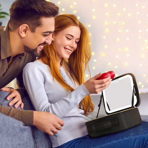 Bolsa De Cosméticos De Viaje Con Espejo Led 3 Tonos De Luz Negro