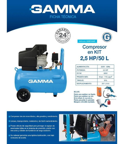 Imagen 2 de 7 de Compresor De Aire 50 Lt Gamma Kit 3 Piezas Gtia 2 A Herramie