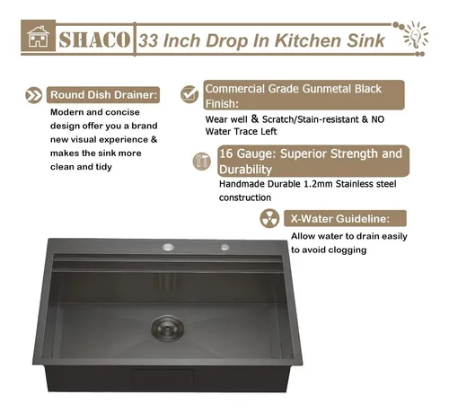 Shaco Fregadero De Cocina Negro De 33 X 22, Fregadero De De