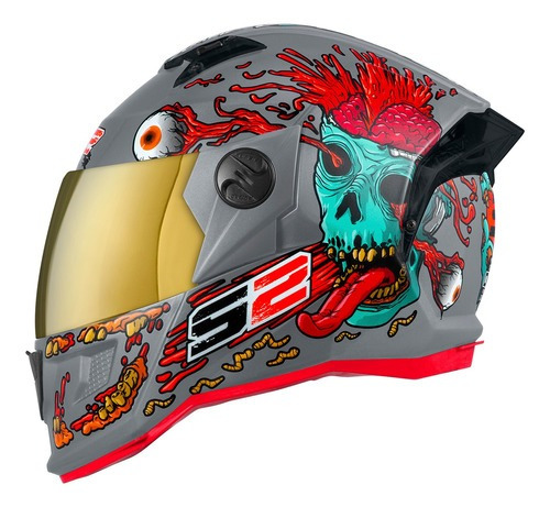 Capacete Fechado Protork Stealth Zombie Vis. Dourada Cor Cinza Tamanho do capacete 58