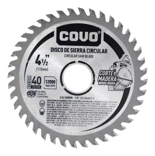 Disco De Sierra 4-1/2  X 40 Dientes Marca Covo