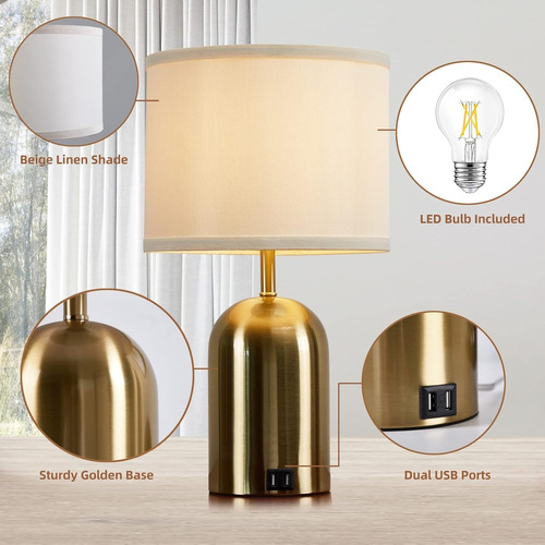 Lámpara Mesa Led Metal Usb Regulable Touch Dorada 2piezas Dorado