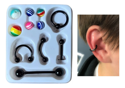 Conjunto Piercing Preto Língua Nariz Sobrancelha