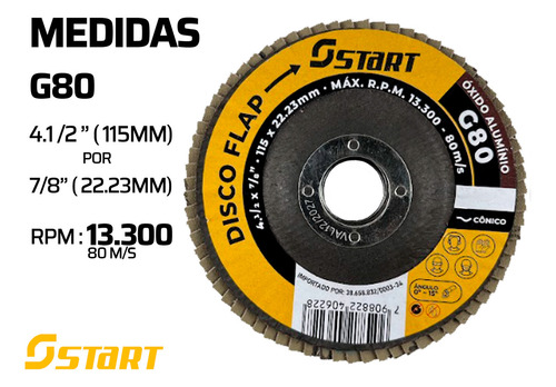 Disco De Lixa Flap 4.1/2 Pol Óxido De Alumínio Grão 80 Para Lixadeira Kit Com 10 Unidades Start