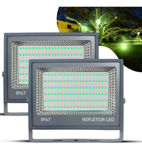 Kit 2 Refletor Led 200w Holofote 127/220V Prova Dágua Verde Negagepro
