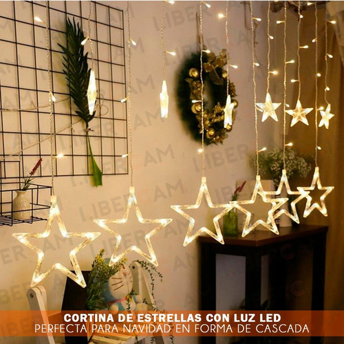 Imagen 9 de 10 de Cortina Guirnalda Estrellas Luz Led Calida Amarilla Efectos