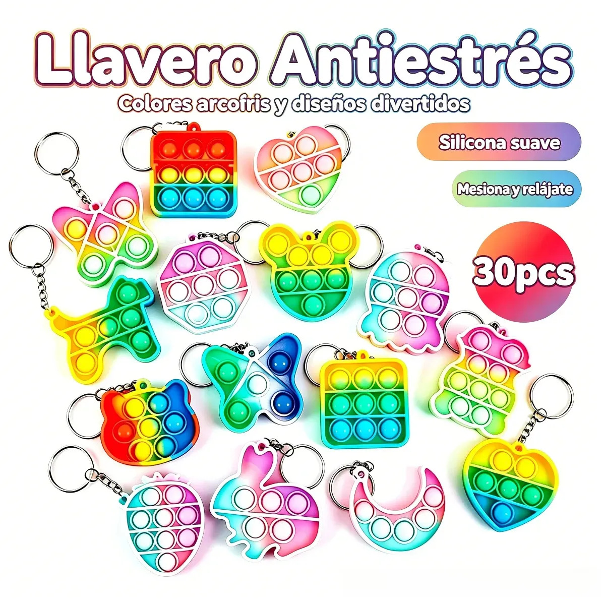 Juego 30 Piezas Push Pop It Bubble Fidget Juguete Antiestrés De Múltiples Colores Y Formas Juguetes Antiestrés Llavero Fidget Toy Regalos Para Niños Multicolor