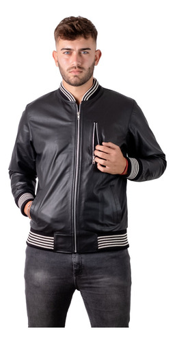 Campera De Cuero Vacuno 100% De Hombre Universitaria Bomber