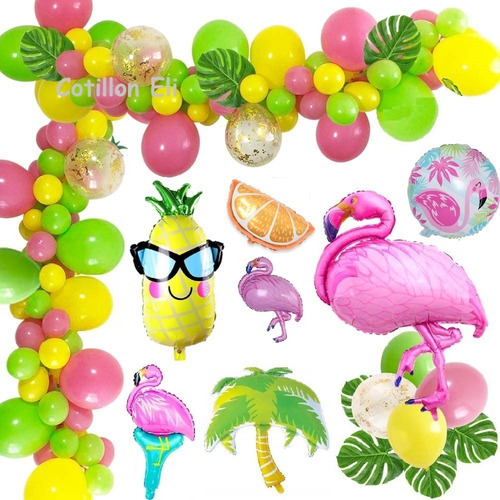 Combo Globos Decoracion Tropical Hawaiano Flamenco Cumpleaño