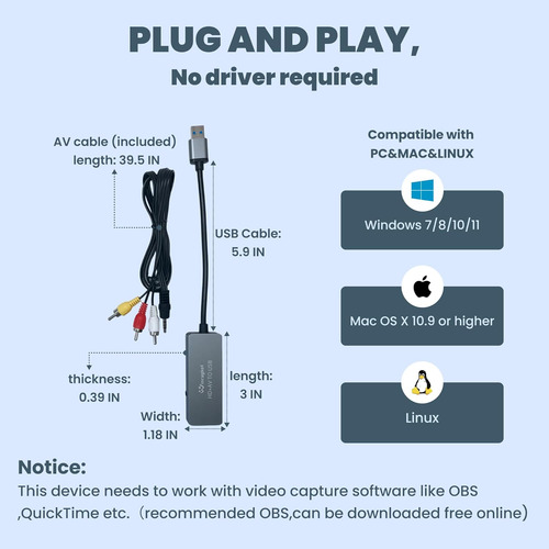 Usb Video Capture Card For Vhs/hdmi/av/rca - Analog To Di...