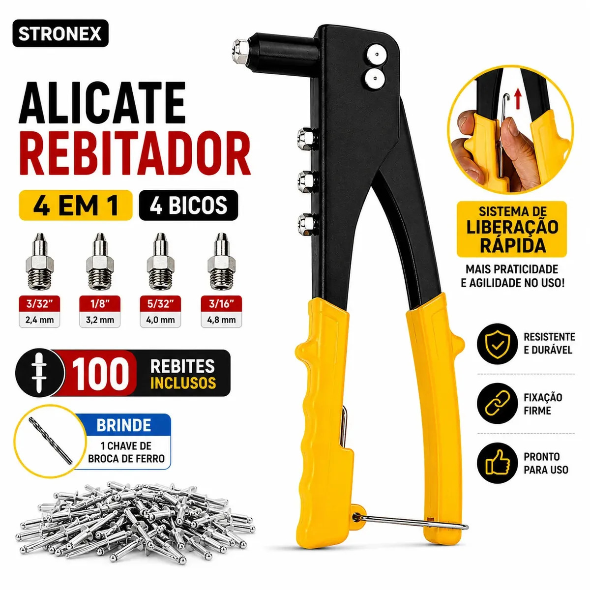 REBITADOR MANUAL REBITADEIRA DE ALICATE 4 BICOS REBITE ALICATE DE REPUXO ALUMÍNIO KIT 100 REBITES UNIVERSAL PROFISSIONAL STRONEX
