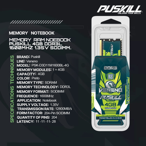 Memoria Ram Puskill Para Portátil Gamer Ddr3l, 4 Gb, 1600 Mh