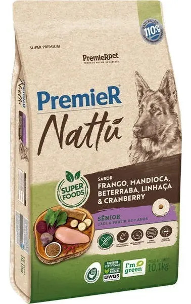 Ração Premier Nattú Sênior Para Cães de Porte Médio e Grande Sabor Mandioca 10,1 Kg