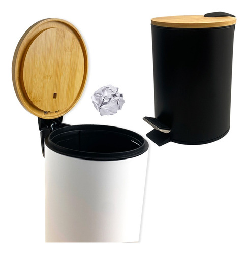 Lixeira 3l Cozinha Banheiro Tampa Bambu Cesto De Lixo Pedal Cor Preta