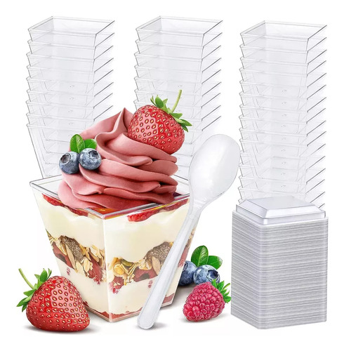 100 Vasos Desechables De Plástico Con Cucharas Y Tapas Para Postre Fiesta, 2 Oz Hotu