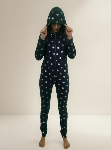 Pijama Mameluco Polar Con Gorro Puntos Intime 14083 Mujer