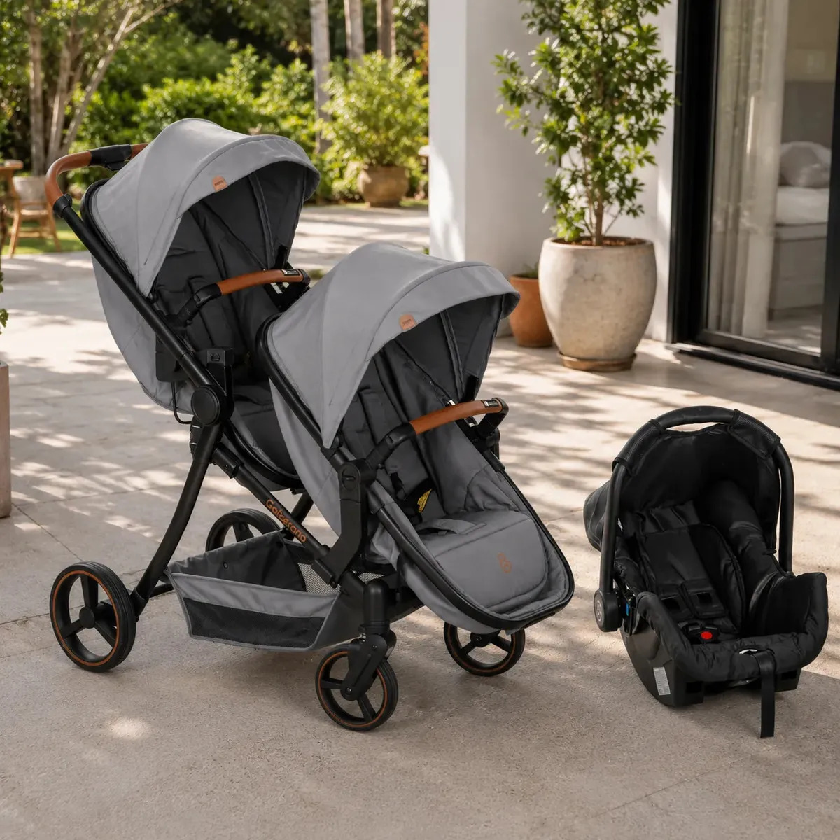 Carrinho de Bebê Gêmeos com Bebê Conforto Preto Galzerano Nix Duo Grafite Carrinho De Bebe Gemeos Berço Moises Passeio