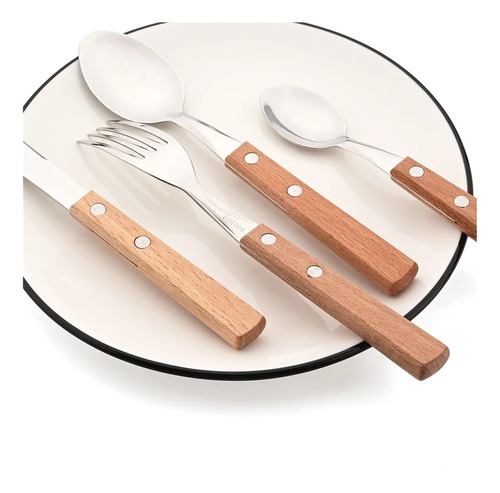 Juego De Cubiertos Con Mango De Madera, Vajilla De Acero