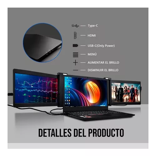 Monitor portátil de triple pantalla, monitor portátil de 12 pulgadas para  portátil 1080P FHD IPS con tipo C/HDMI/USB-A, extensor de pantalla para