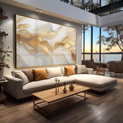 Quadro Sala Abstrato Dourado Luxo 140x70 Com Mold. Dourada
