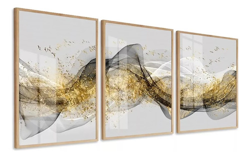 Quadros Decorativos Abstrato Dourado E Cinza Moldura E Vidro