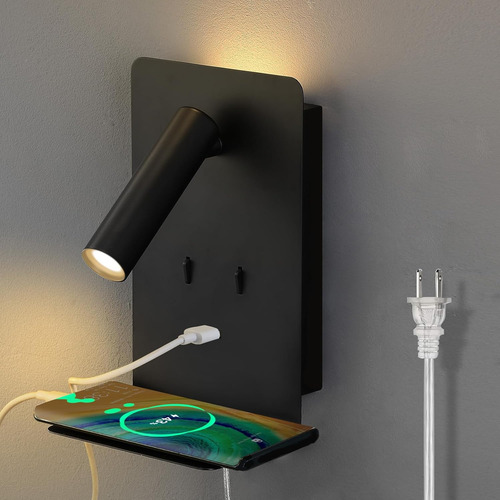 Aplique Pared Interruptor Led Luz Noche Usb 3000k Negro.