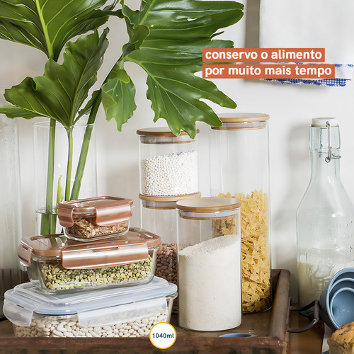 Pote De Vidro Retangular De 1,04l Com Tampa Transparente Cor Nude