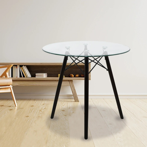Mesa Oslo Cristal Redonda, Base De Madera Nogal, 80 Cm