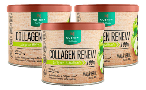 3x Collagen Renew Hidrolisado Sabor Maça Verde Nutrify 300g