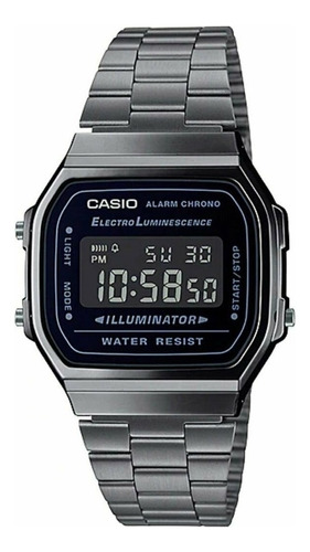 Reloj pulsera digital Casio A-168 con correa de acero inoxidable color gris - fondo negro